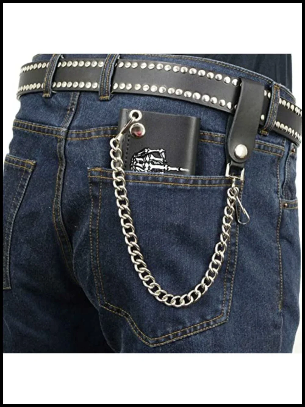 Men's Full-Grain Leather Tri-Fold Biker Wallet with Detachable Chain